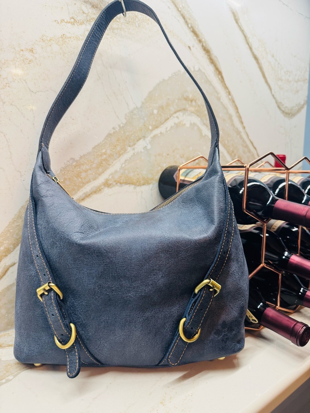 Patricia Nash Elia Hobo Blue Leather Shoulder Bag